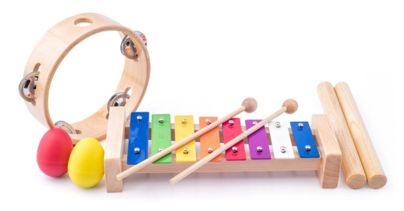 Woody Muzikální set Xylofon tamburína dřívka 2x maracas vajíčka