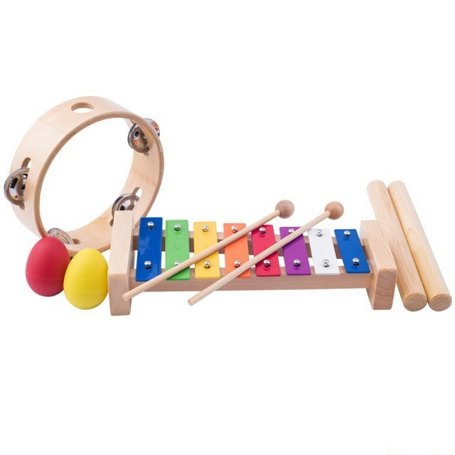 Woody Muzikální set Xylofon tamburína dřívka 2x maracas vajíčka
