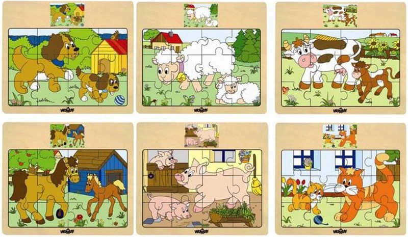 Woody Puzzle na desce Mašinka - Zvířata s mláďaty