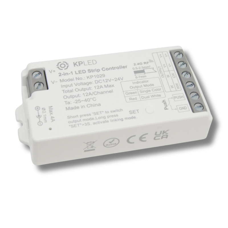 LED přijímač 2v1 pro Jednobarevné/CCT pásky, 2,4Ghz, 12-24VDC, 12A, KPLED, KP1029