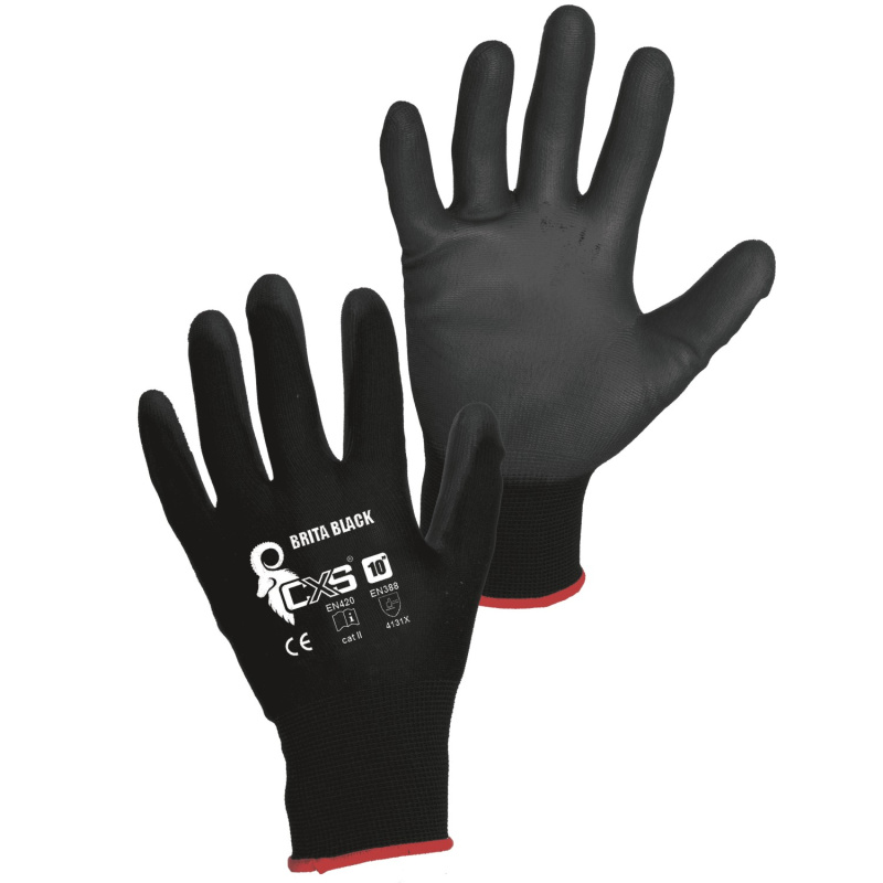 CXS Pracovní rukavice BRITA, s blistrem, máčené v polyuretanu, černé, vel. 7