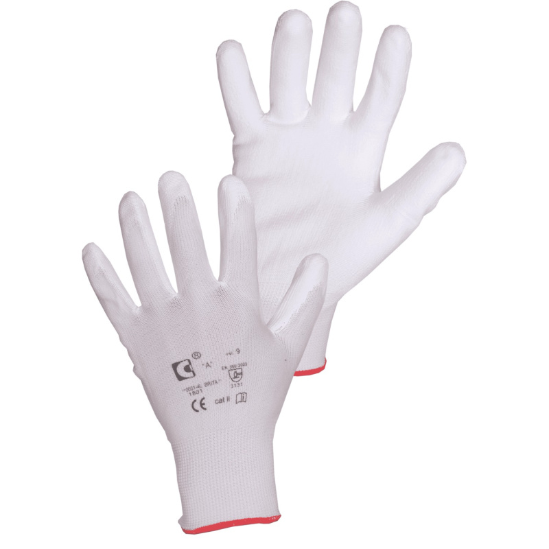CXS Pracovní rukavice BRITA, s blistrem, máčené v polyuretanu, bílé, vel. 8