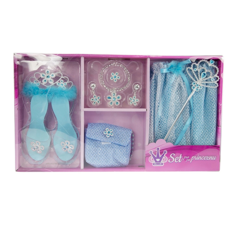 Set pro princeznu modrý, sukýnka, pantoflíčky, kabelka