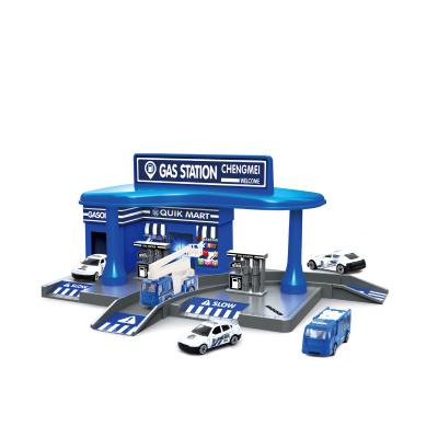 Policejní čerpací stanice se dvěma autíčky