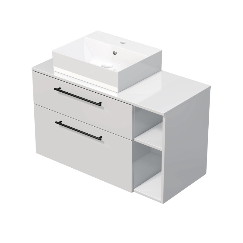 INTEDOOR Koupel.skříň+umyvadlo BEE, úchyt černý, 100cm, regál vpravo, bílá lesk