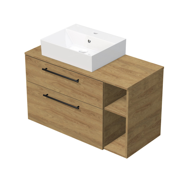 INTEDOOR Koupel.skříň+umyvadl BEE, úchyt černý, 100cm, regál vpravo, dub Hickory