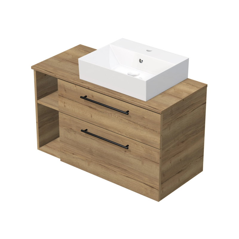 INTEDOOR Koupel.skříň+umyvadlo BEE, úchyt černý, 100cm, regál vlevo, dub Halifax