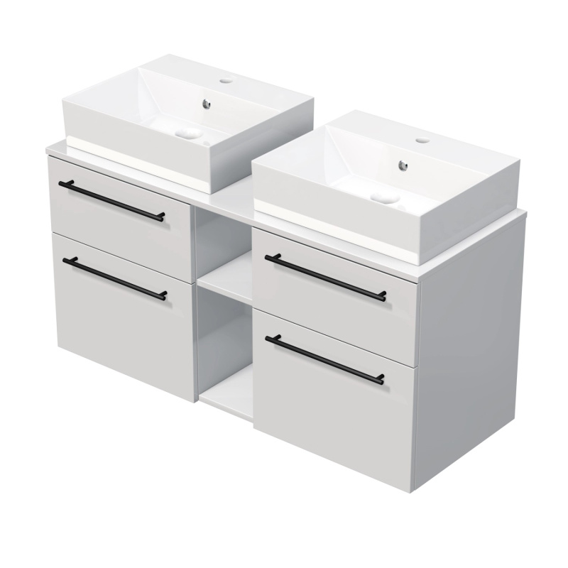 INTEDOOR Koupel.skříň+2umyvadla BEE, úchyt černý, 120cm, regál střed, bílá lesk