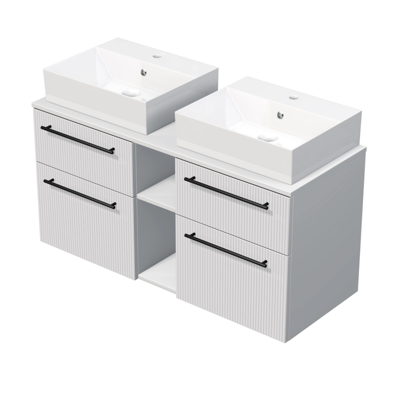 INTEDOOR Skříň+2umyvadla BEE, úchyt černý, š. 120cm, regál střed, bílá 3Dpruhy