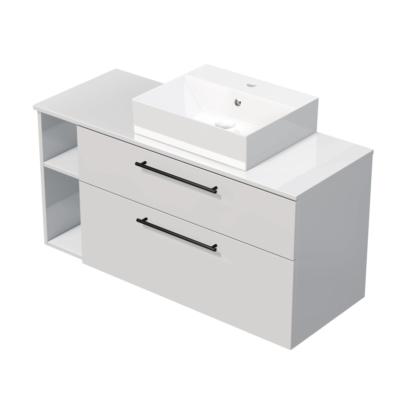 INTEDOOR Koupel.skříň+umyvadlo BEE, úchyt černý, 120cm, regál vlevo, bílá lesk