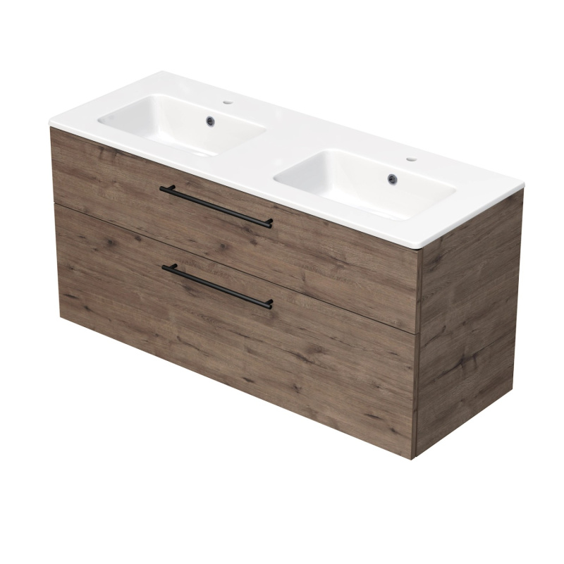 INTEDOOR Koupel.skříň+dvojumyvadlo BEE, úchyt černý, š. 121 cm, dub Wellington