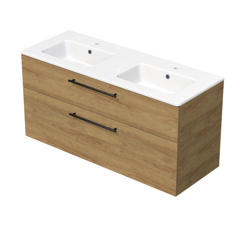 INTEDOOR Koupel.skříň+dvojumyvadlo BEE, úchyt černý, š. 121 cm, dub Hickory