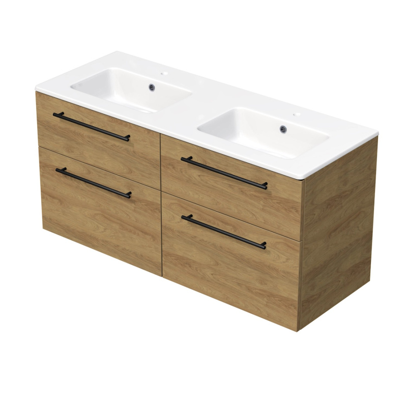 INTEDOOR Koupel.skříň+dvojumyvadlo BEE, úchyt černý, 4zás., š.121cm, dub Hickory