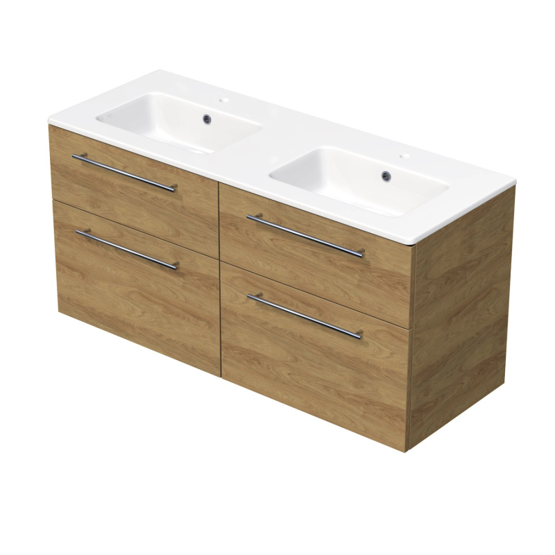 INTEDOOR Koupel.skříň+dvojumyvadlo BEE, úchyt chrom, 4zás., š.121cm, dub Hickory