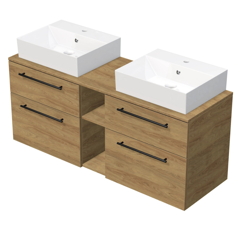 INTEDOOR Koupel.skříň+2umyvadl BEE, úchyt černý, 140cm, regál střed, dub Hickory