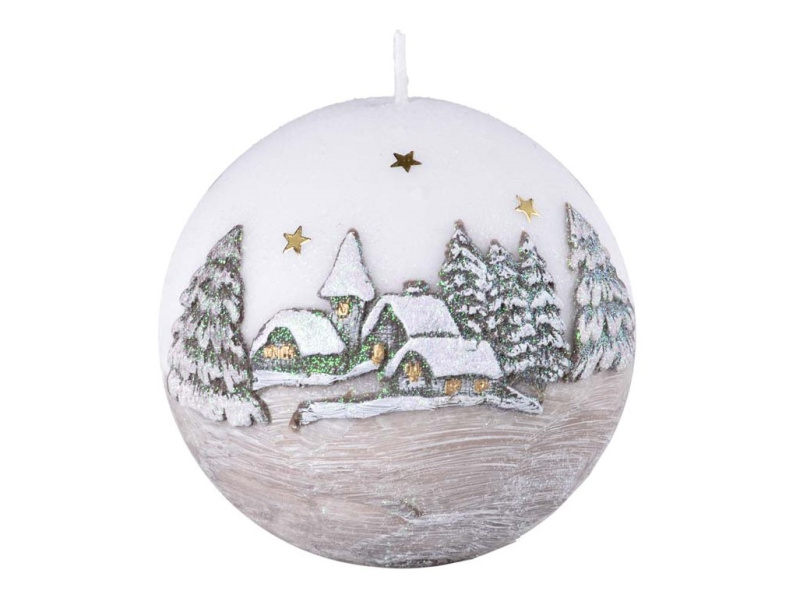 Vánoční kulová svíčka LED dioda Zimní krajina krémová 10x10 cm