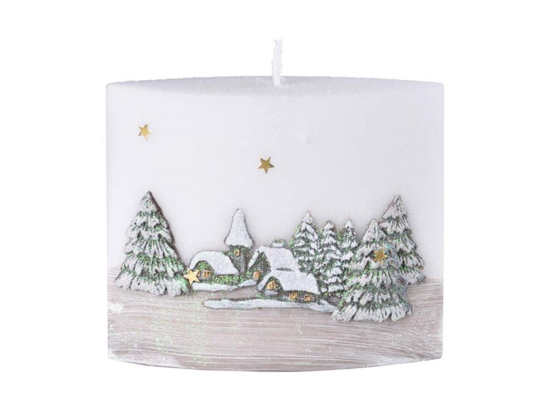 Vánoční elipsovitá svíčka LED dioda Zimní krajina krémová 4,5x14x12 cm
