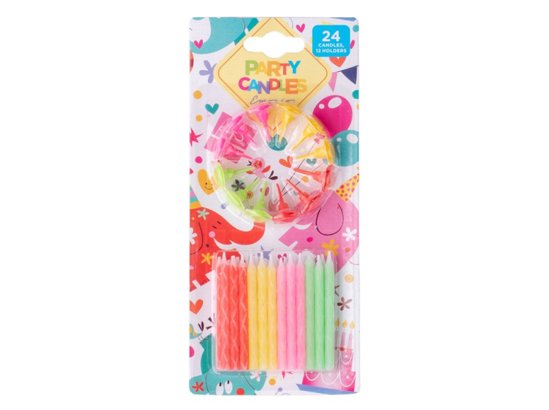 Mix barevných dortových svíček 24 ks  spirálové svícny 12 ks