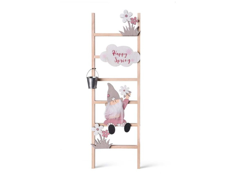 Dřevěná dekorace 140×450 mm – žebřík s jarním skřítkem, přírodní