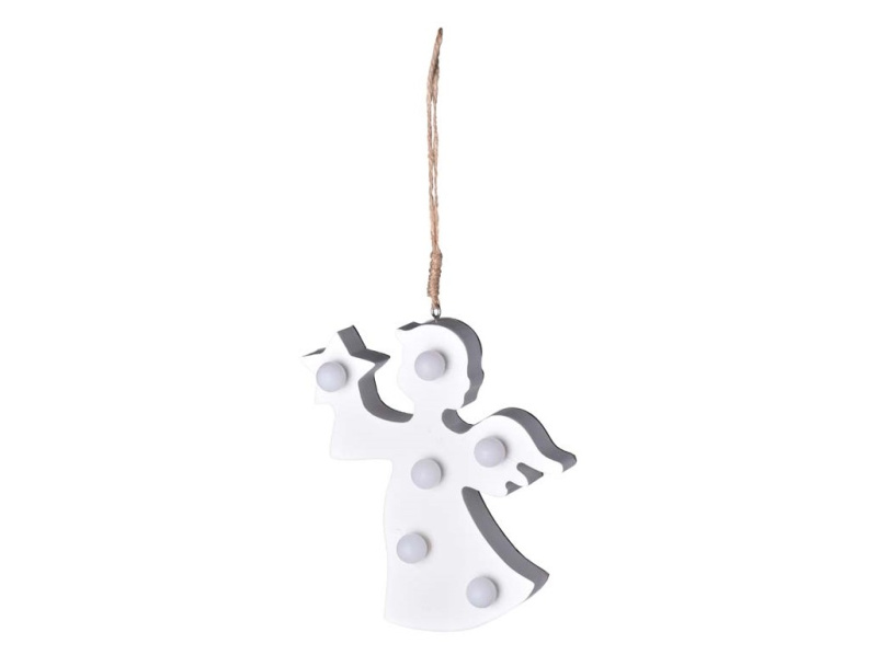 LED dekorace závěs dřevo anděl bílá 13x14 cm
