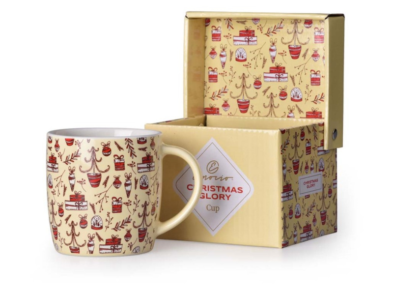 Hrnek keramický 380ml CHRISTMAS GLORY v krabičce, červená, krémová, černá