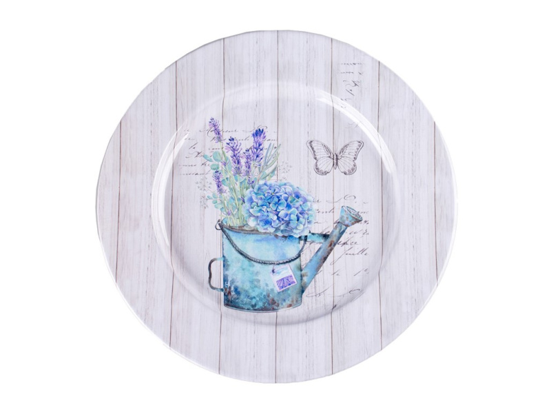 Plechový talíř design konev s květinami barevná 330x15mm