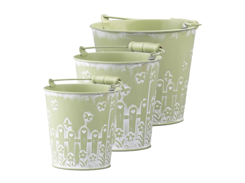Plechový květináč 3 ks set oválný s uchem Jaro, zelená 160x140x245mm 140x135x220mm 120x120x205mm