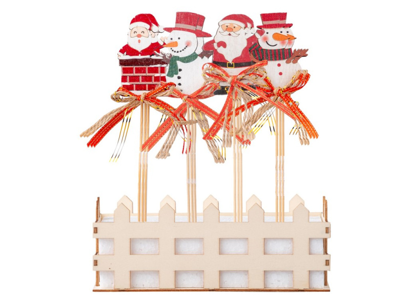 Zápich dřevo sněhulák Santa MIX 12 ks 5,5x7,5 cm