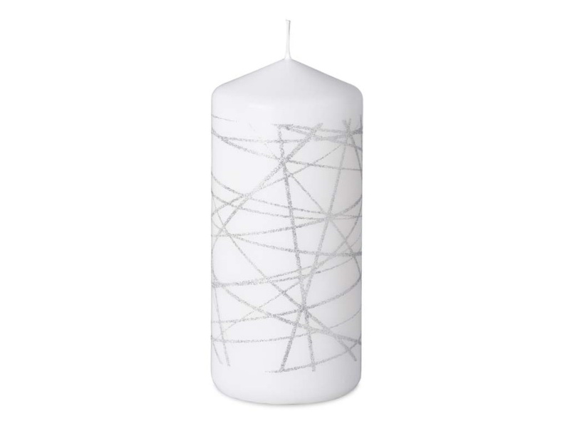 Svíčka glitrové čáry stříbrné, bílá, 68 x 150 mm