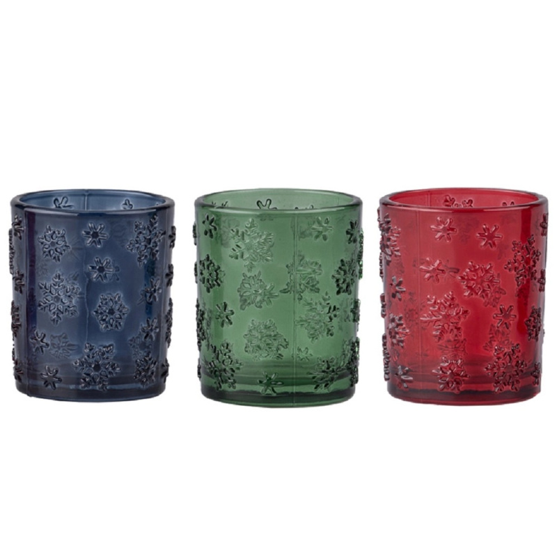 Skleněný svícen na čajovou svíčku, sněhová vločka, různé barvy, pr. 55 x 65 mm