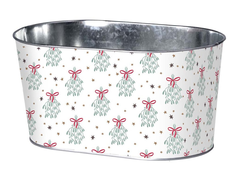 Květináč plechový oválný MISTLETOE MAGIC bílá a modrá 22,5x11 cm