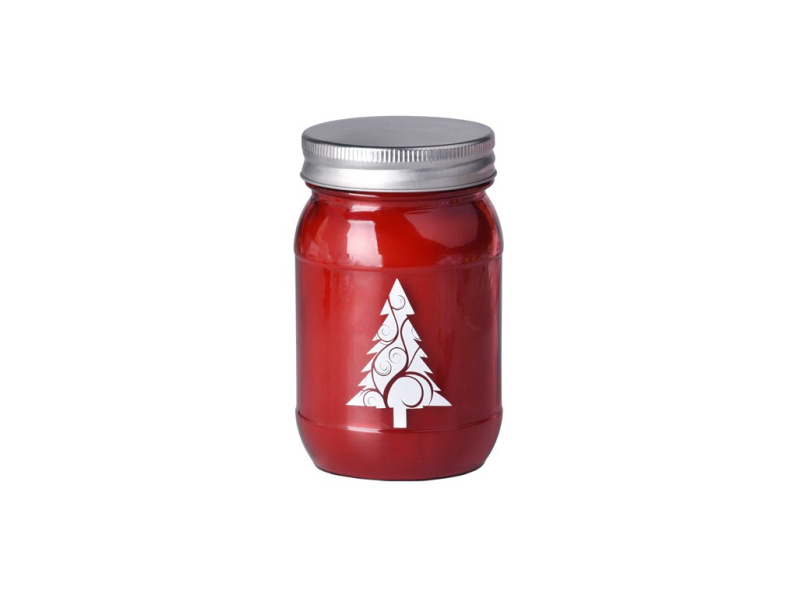 Emocio červená vonná svíčka 70x120 mm sklo s plechovým víčkem Baked Cinnamon Roll, potisk stromek