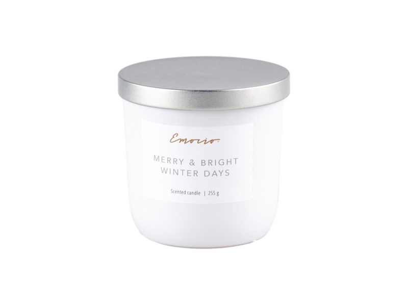 Emocio bílá sojová vonná svíčka ve skle s kovovým víčkem 95x95 mm Snowy Night