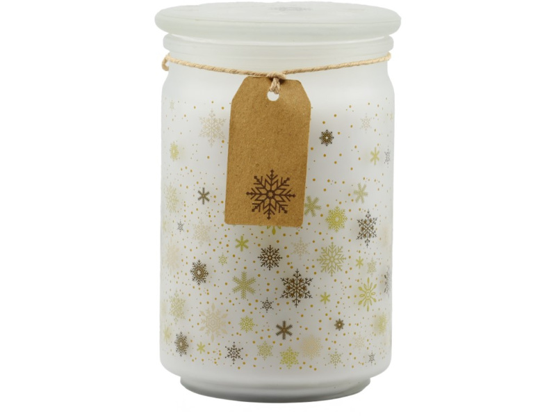 Svíčka se skleněným víčkem, Magic Snow, bílo-zlatá