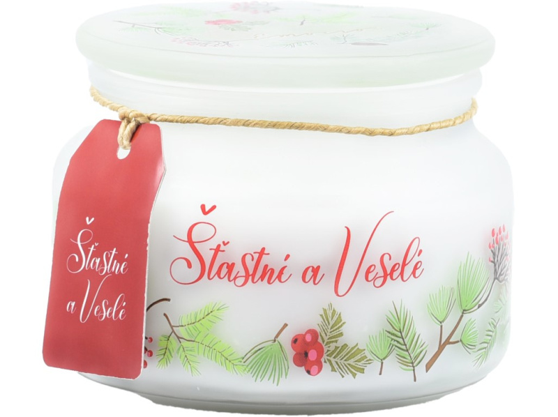 Emocio Vonná svíčka ve skle Šťastné a veselé 100×79 mm se skleněným víčkem