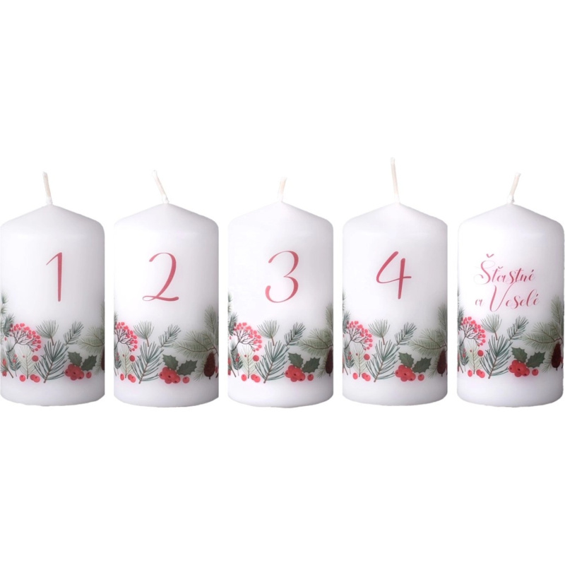 Emocio Svíčka válcová, adventní čísla Šťastné a Veselé, 50 x 90 mm, 5 ks