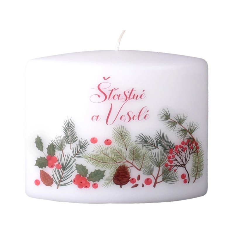 Svíčka elipsa Šťastné a Veselé, bílá, 120 x 55 x 95 mm