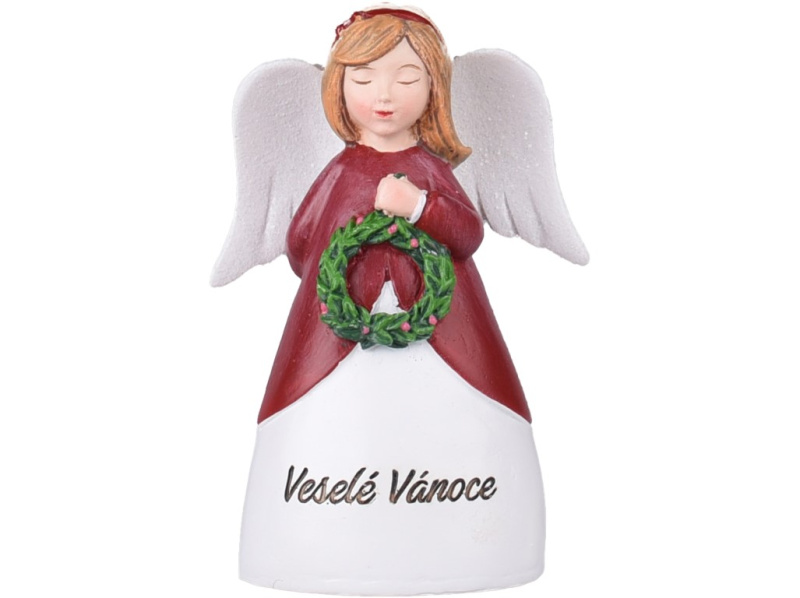 Anděl polyresin s přáním Veselé Vánoce, červená 7x11,5x4,5 cm