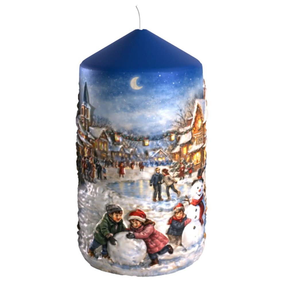 Emocio Válcová svíčka Vánoční městečko, modrá, 60 x 110 mm
