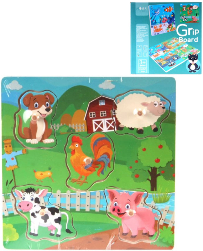 Dřevěné vkládací puzzle s úchyty na desce 5 dílků - 1 kus