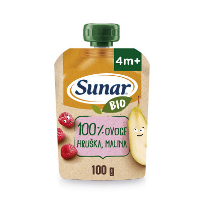 SUNAR Ovocná kapsička hruška, malina 4m+ BIO 100 g