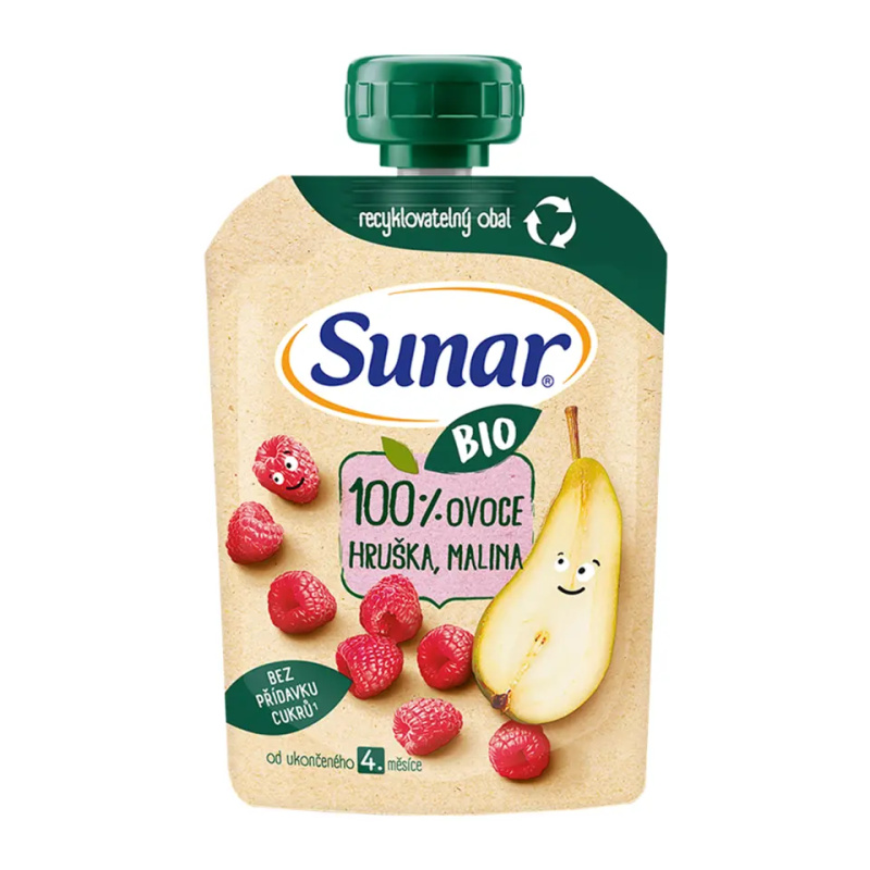 SUNAR Ovocná kapsička hruška, malina 4m+ BIO 100 g