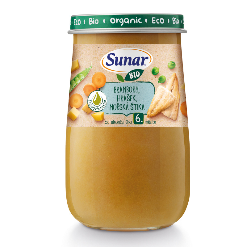 Sunar BIO příkrm brambory, hrášek, mořská štika, olivový olej 6m+, 190g