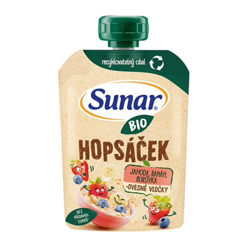 SUNAR Ovocná kapsička jahoda, banán, borůvka a ovesné vločky BIO 100 g