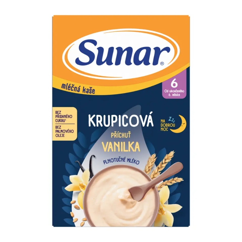 SUNAR Mléčná krupicová kaše vanilka na dobrou noc 6m+ 210 g