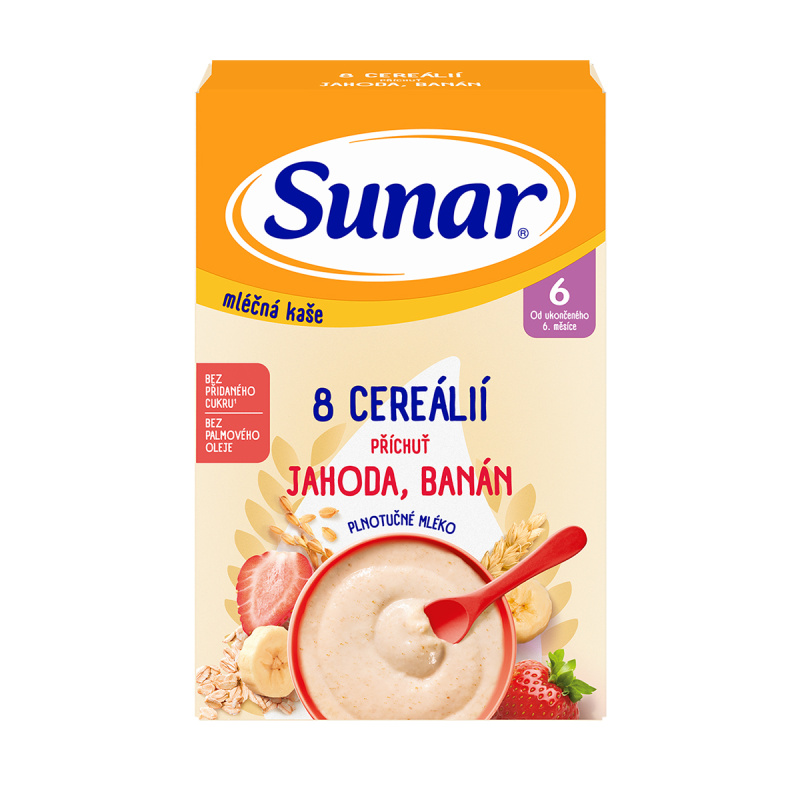 SUNAR Mléčná kaše 8 cereálií jahoda banán 6m+ 210 g