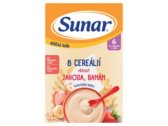 SUNAR Mléčná kaše 8 cereálií jahoda banán 6m+ 210 g