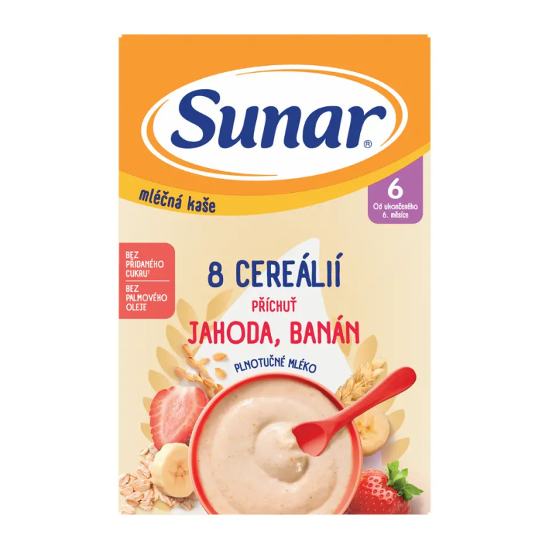 SUNAR Mléčná kaše 8 cereálií jahoda banán 6m+ 210 g