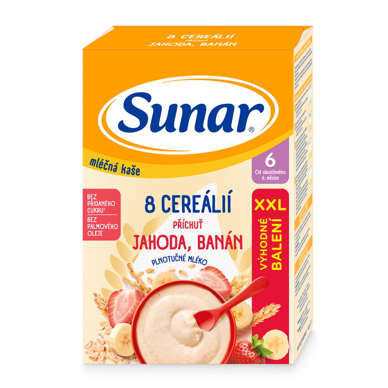 SUNAR Mléčná kaše 8 cereálií jahoda banán 6m+ 340 g
