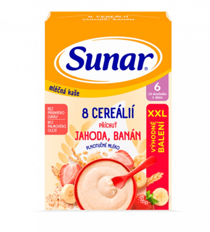 SUNAR Mléčná kaše 8 cereálií jahoda banán 6m+ 340 g